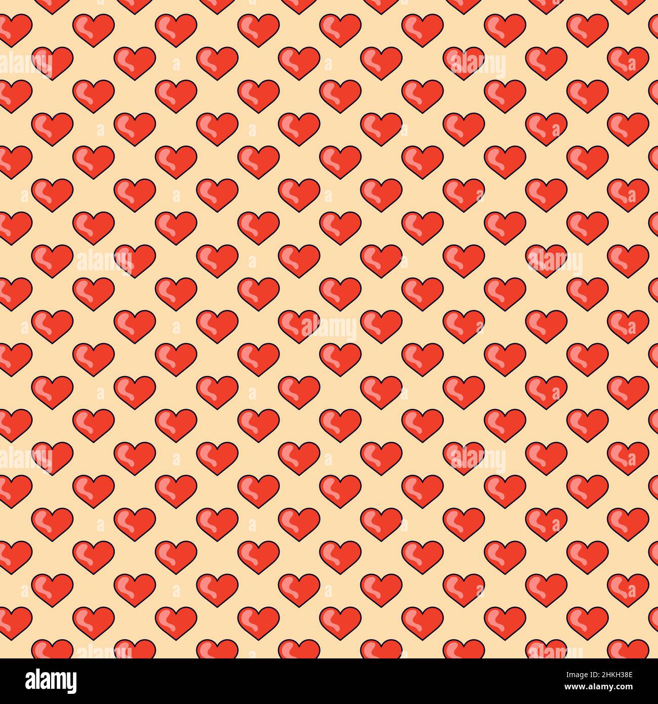 Rote Herzen auf dem gelben Hintergrund im Cartoon-Stil von 70s . Abstraktes Nahtloses Muster. Illustration. Stock Vektor