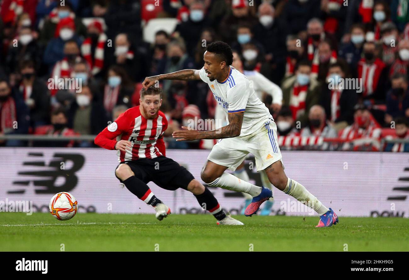 Estadium San Mames. 3rd. Februar 2022. Bilbao; Pais Vasco; Spanien; La Liga Football Athletic Bilbao versus Real Madrid; Eder Militao (Madrid) Credit: Action Plus Sports/Alamy Live News Stockfoto