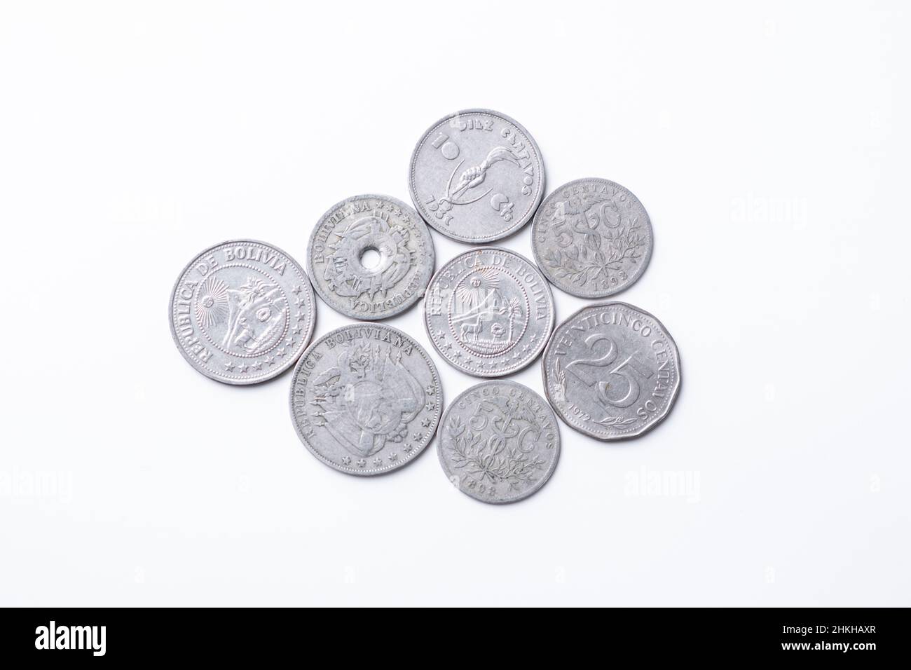Alte Münzen aus Bolivien. Bolivianische Cent Stockfoto