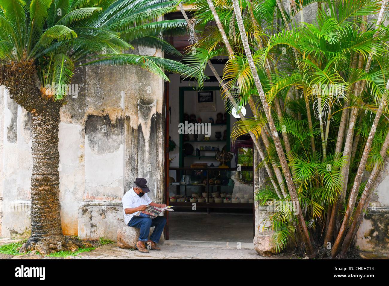 Alter Mann, der eine Zeitung liest, Hacienda Yaxcopoil, Yucatan, Mexiko Stockfoto