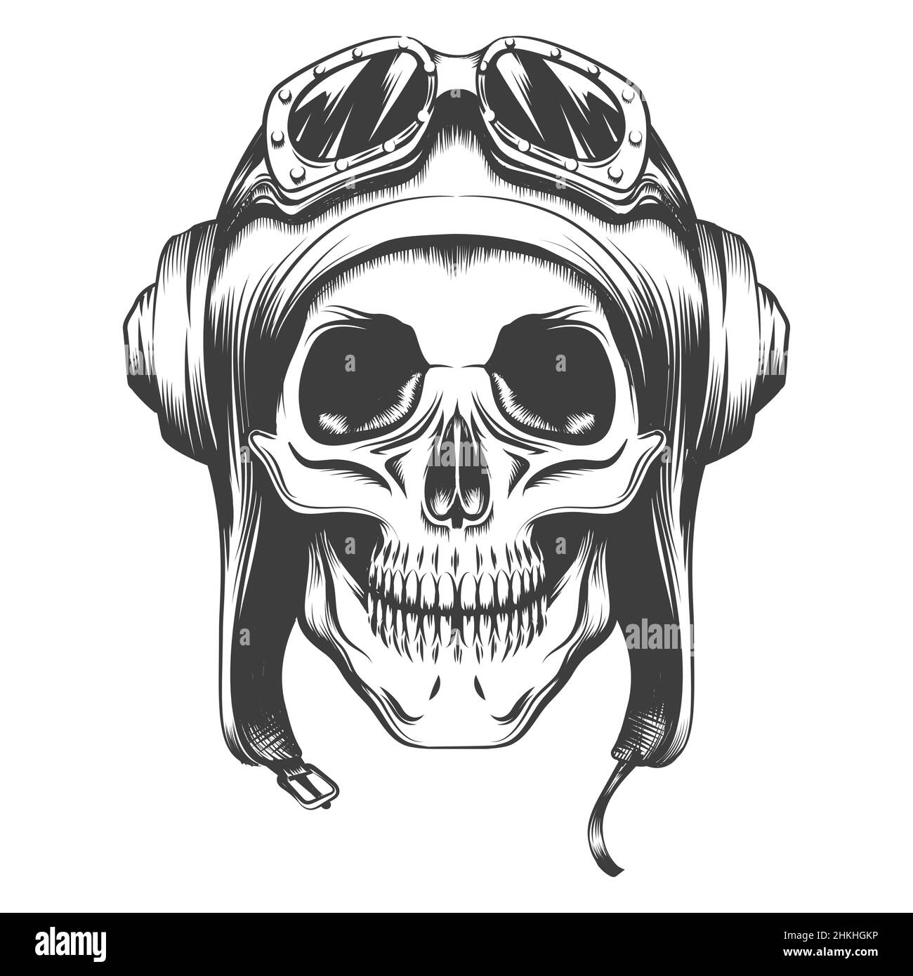 Tattoo of Human Skull in Retro Aviator Helm auf weiß isoliert. Vektorgrafik. Stock Vektor