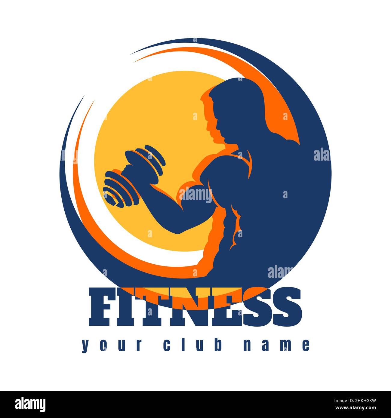 Logo oder Emblem des Fitnessclubs. Starker Mann Bodybuilder mit Hantel isoliert auf weiß. Vektorgrafik. Stock Vektor