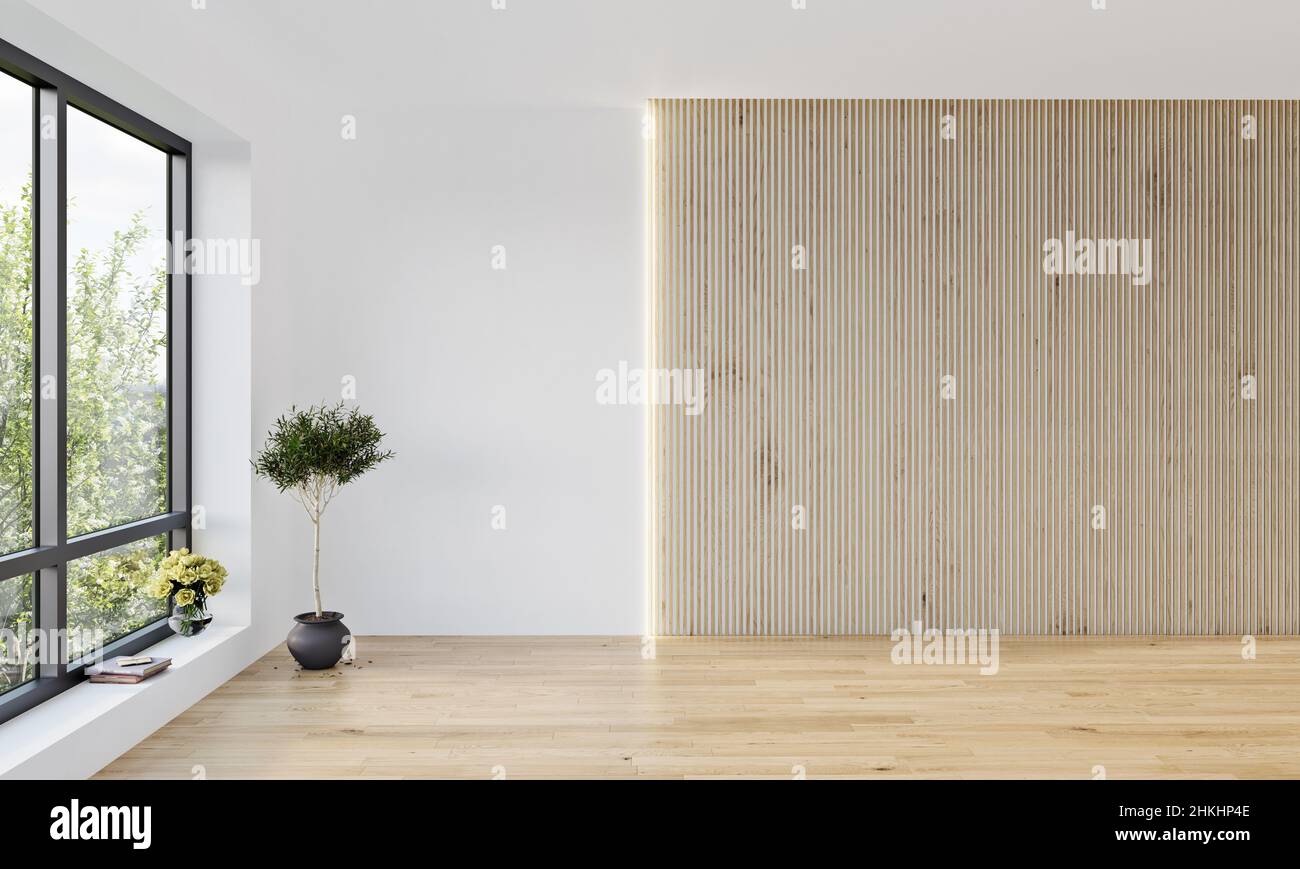 Moderne Innenarchitektur-Modell mit weißen Wänden und vertikaler Lamellen-Platte, 3D Render, 3D Illustration Stockfoto