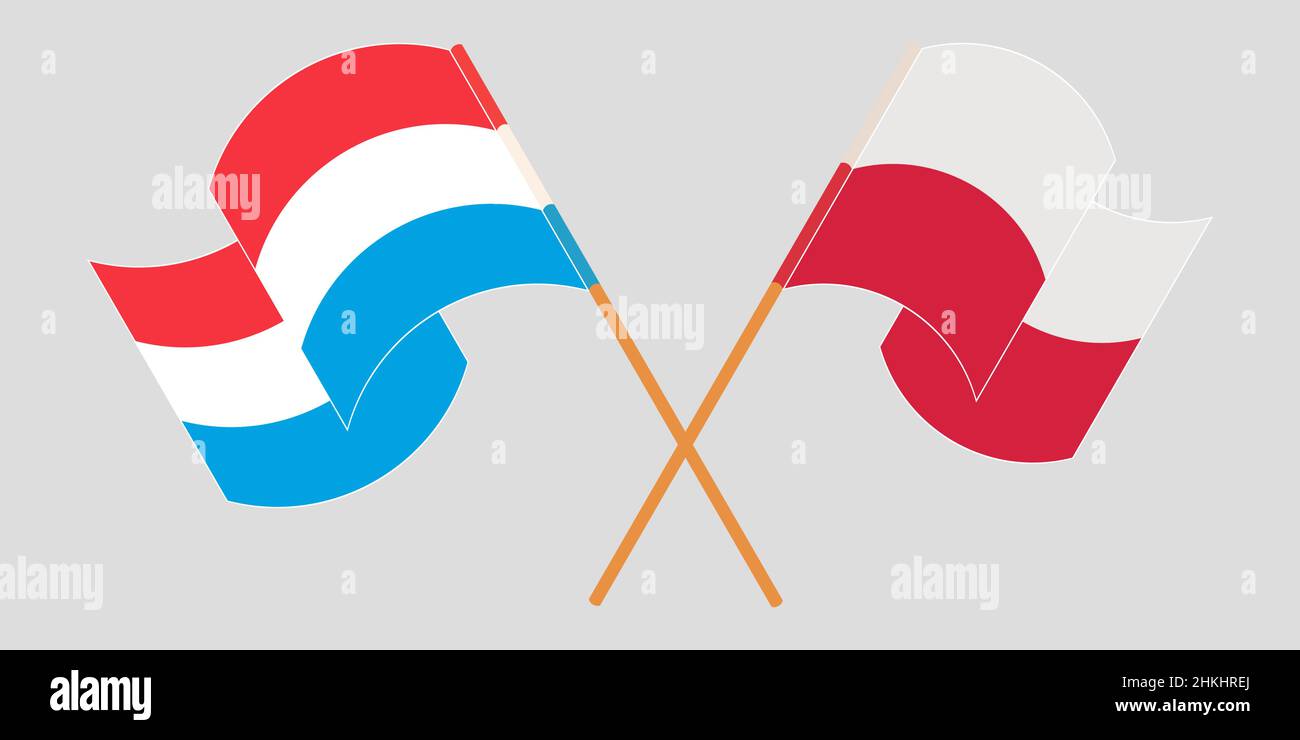Gekreuzte und winkende Flaggen von Luxemburg und Polen. Vektorgrafik Stock Vektor
