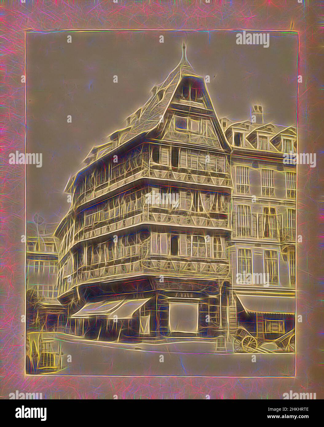 Inspiriert von Fachwerkhaus in Frankreich, Frankreich, 1880 - 1910, Papier, Albumendruck, Höhe 267 mm × Breite 209 mmhöhe 335 mm × Breite 275 mm, neu erfunden von Artotop. Klassische Kunst neu erfunden mit einem modernen Twist. Design von warmen fröhlichen Leuchten der Helligkeit und Lichtstrahl Strahlkraft. Fotografie inspiriert von Surrealismus und Futurismus, umarmt dynamische Energie der modernen Technologie, Bewegung, Geschwindigkeit und Kultur zu revolutionieren Stockfoto