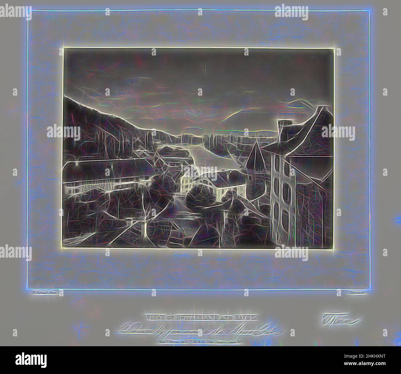 Inspiriert von View of the Aare in Thun, Thun, Views of Switzerland and Savoy, William England, Verlag: A. Marion Son & Co., Thun, Verlag: London, 1863 - 1865, Papier, Albumendruck, Höhe 159 mm × Breite 211 mmhöhe 312 mm × Breite 403 mm, neu gestaltet von Artotop. Klassische Kunst neu erfunden mit einem modernen Twist. Design von warmen fröhlichen Leuchten der Helligkeit und Lichtstrahl Strahlkraft. Fotografie inspiriert von Surrealismus und Futurismus, umarmt dynamische Energie der modernen Technologie, Bewegung, Geschwindigkeit und Kultur zu revolutionieren Stockfoto