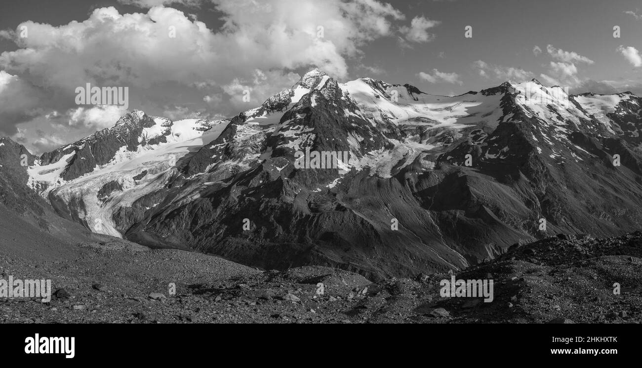 Schwarz-Weiß-Panorama der Gletscher in der Region Palla Bianca, Südtirol - Sudtirol, Italien. Beliebter Berg für Kletterer. Palla Bianca i. Stockfoto