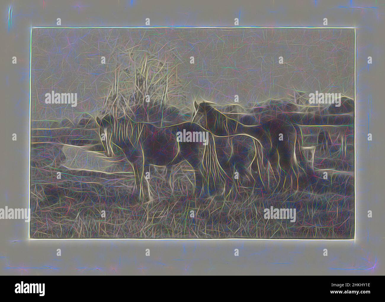 Inspiriert von Fohlen auf einer Weide in Norfolk, Colts on a Norfolk Marsh, Peter Henry Emerson, Hersteller:, Norfolk, Verleger: Großbritannien, 1883 - 1888, Papier, Pauspapier, Höhe 119 mm × Breite 283 mmhöhe 340 mm × Breite 425 mm, neu gestaltet von Artotop. Klassische Kunst neu erfunden mit einem modernen Twist. Design von warmen fröhlichen Leuchten der Helligkeit und Lichtstrahl Strahlkraft. Fotografie inspiriert von Surrealismus und Futurismus, umarmt dynamische Energie der modernen Technologie, Bewegung, Geschwindigkeit und Kultur zu revolutionieren Stockfoto