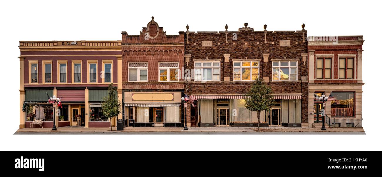Digitale Ladenfronten aus Backstein und Mörtel auf einem Stadtplatz der Hauptstraße von Amerika. Stockfoto