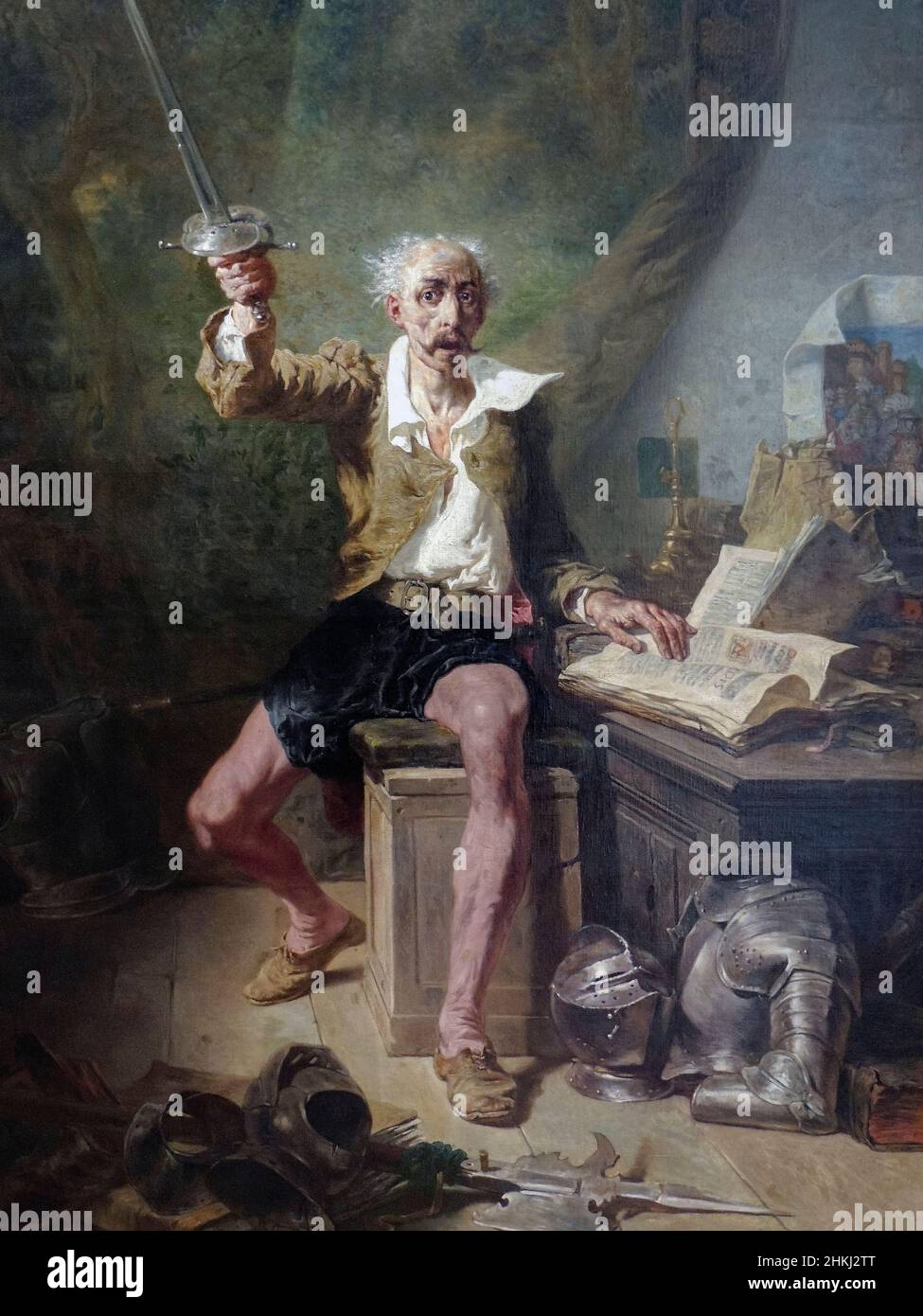 Reading Don Quijote (La Lecture de Don Quichotte) 1873 Gemälde des französischen Künstlers Célestin Nanteuil (1813–1873), das Miguel de Cervantes’ ikonischen Helden Don Quijote zeigt, der tief in das Lesen von Romanen der Ritterlichkeit vertieft ist und in einem bescheidenen Innern sitzt, umgeben von seiner Rüstung. Stockfoto