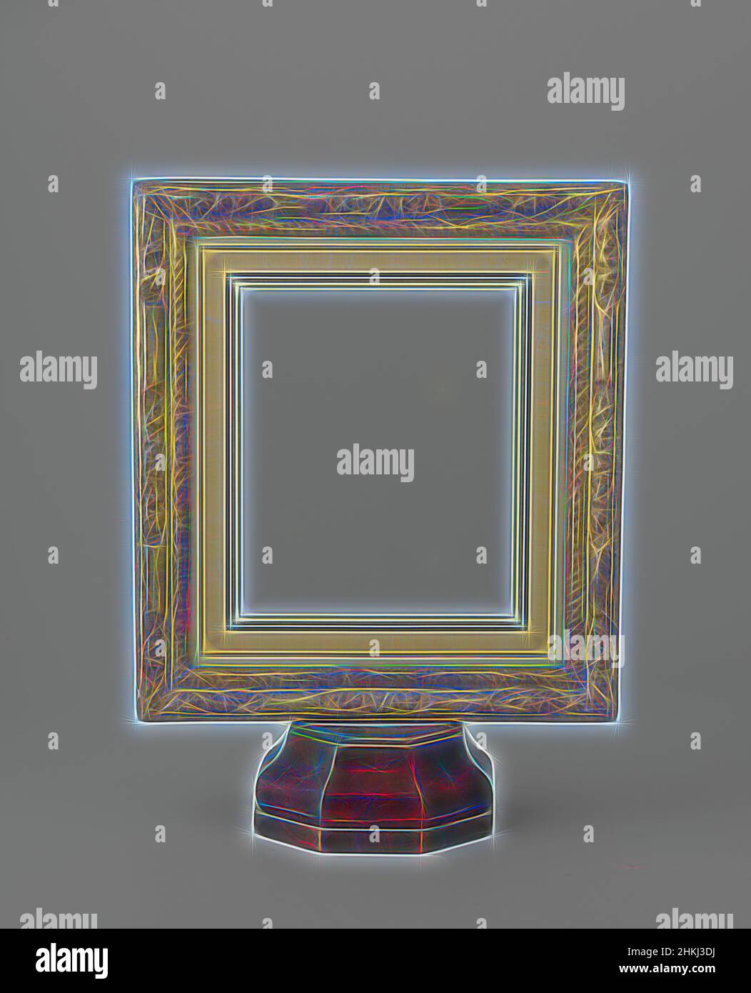 Der Rahmen wurde von den Rahmen von Le Brun inspiriert, der sich an den Rahmen aus dem 19th. Jahrhundert in französischer, zweiseitiger vergoldeter und geschnitzter Fassung orientiert. Der Rahmen enthält zwei Glasscheiben. Der Sockel wurde später mit einer Schraube am Rahmen befestigt. Der Rücken, auf Höhe der oberen Schiene, kann herausgeschraubt werden, von Artotop neu erfunden. Klassische Kunst neu erfunden mit einem modernen Twist. Design von warmen fröhlichen Leuchten der Helligkeit und Lichtstrahl Strahlkraft. Fotografie inspiriert von Surrealismus und Futurismus, umarmt dynamische Energie der modernen Technologie, Bewegung, Geschwindigkeit und Kultur zu revolutionieren Stockfoto