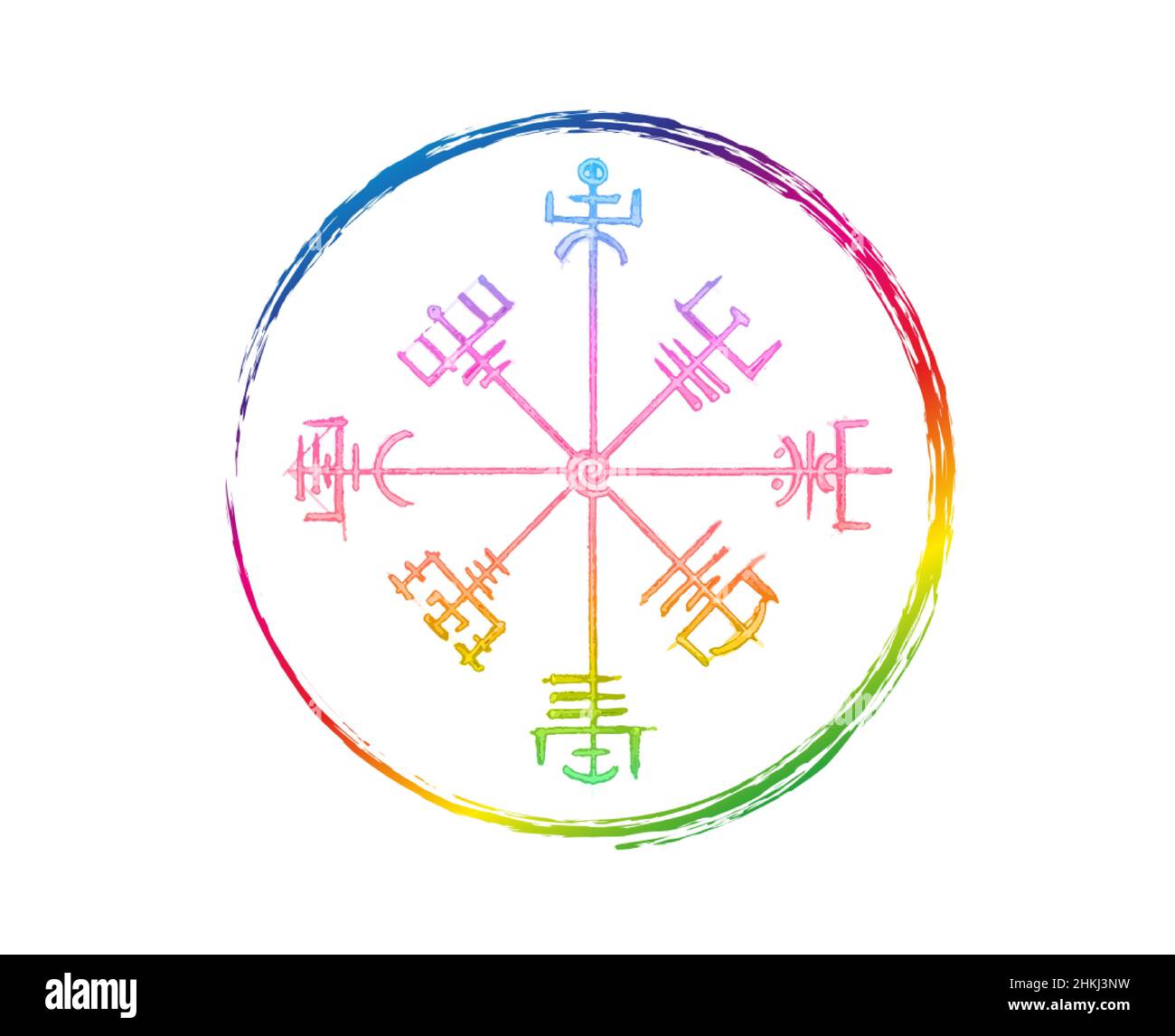 Vegvisir Runenkompass Bunte Bleistift Zeichnung Stil, Handzeichnung von Wikingersymbolen, Heilige Norse, runde Logo Vektor-Illustration isoliert auf weiß Stock Vektor