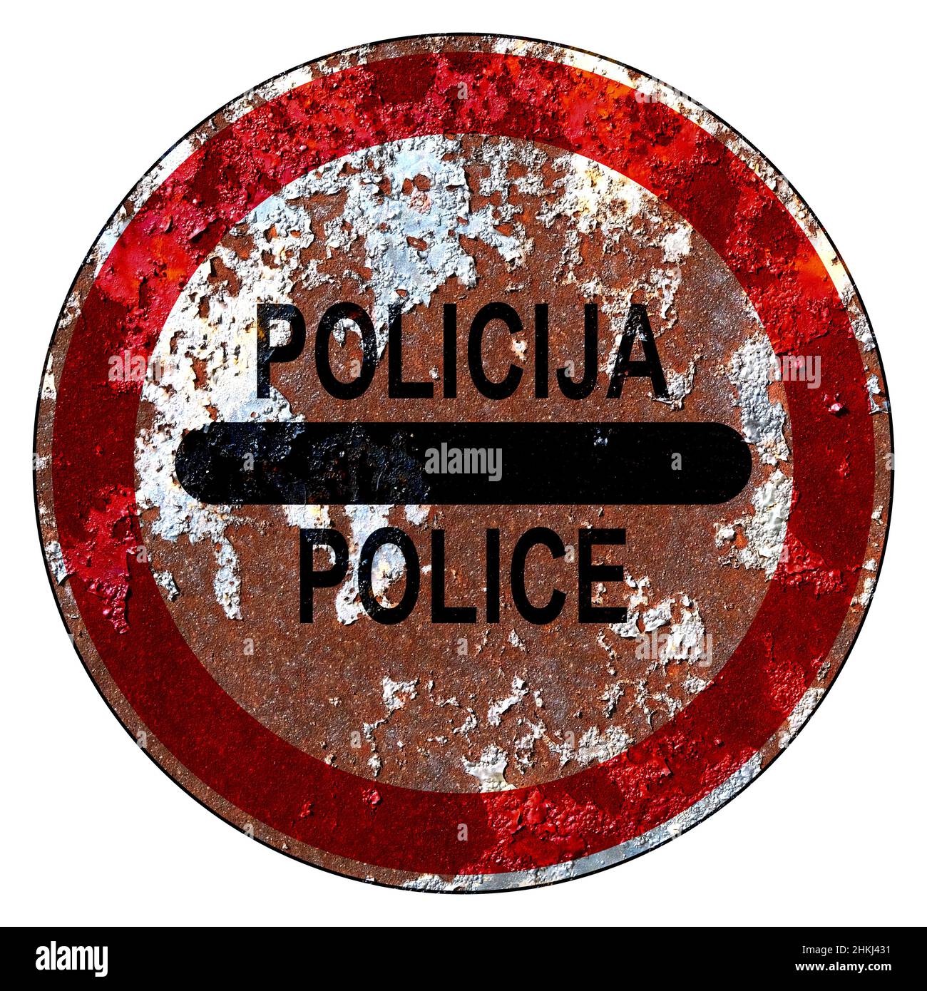 Alte Grunge EU-Straßenschild Checkpoints Polizei -Serbien, Serbien, Slowenien, Slowenisch, Policija Stockfoto