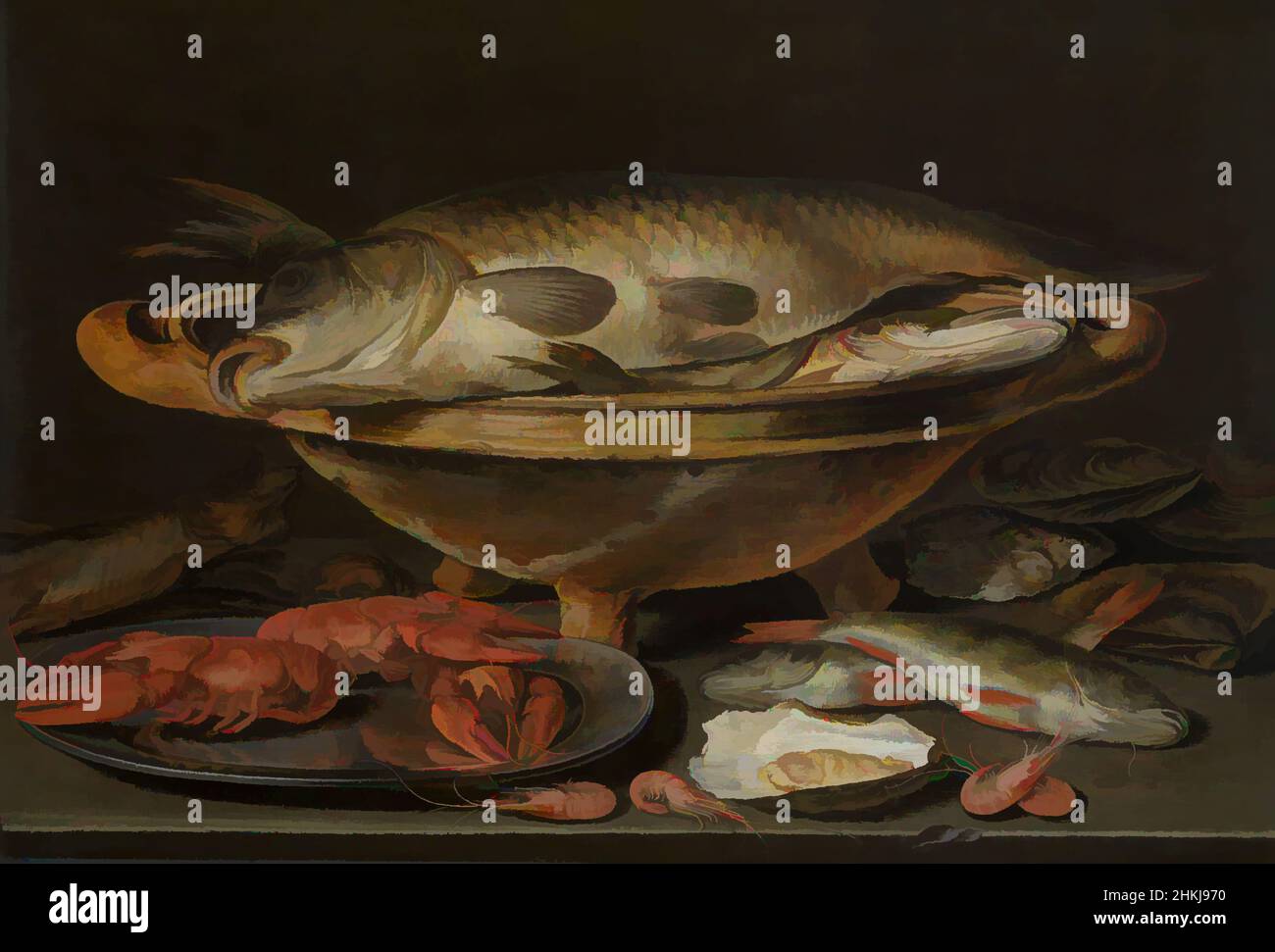 Kunst inspiriert vom Stillleben mit Fisch, Clara Peeters, 17th Jahrhundert, Malerei, 1615 / Zwischen circa 1612 und circa 1621, Belgische Kunst, Klassische Werke, die von Artotop mit einem Schuss Moderne modernisiert wurden. Formen, Farbe und Wert, auffällige visuelle Wirkung auf Kunst. Emotionen durch Freiheit von Kunstwerken auf zeitgemäße Weise. Eine zeitlose Botschaft, die eine wild kreative neue Richtung verfolgt. Künstler, die sich dem digitalen Medium zuwenden und die Artotop NFT erschaffen Stockfoto