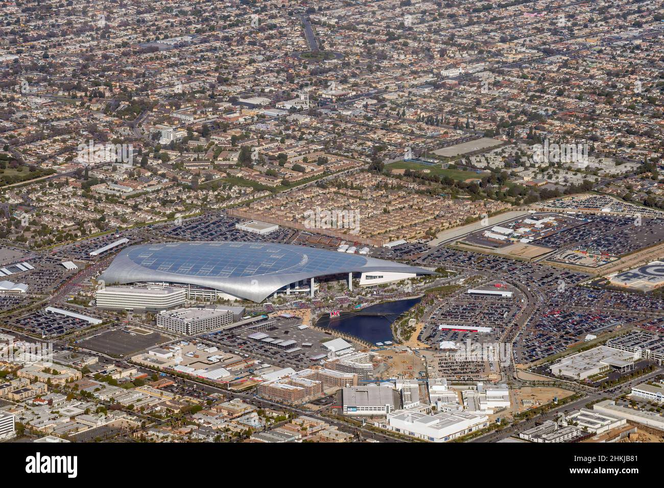 Inglewood, Kalifornien, USA. 30th Januar 2022. Eine Luftaufnahme des SoFi Stadions, der Heimat der Rams and Chargers in Los Angeles während des NFC-Meisterschaftsspiels. (Bild: © Mark Holtzman /ZUMA Press Wire Service) Stockfoto