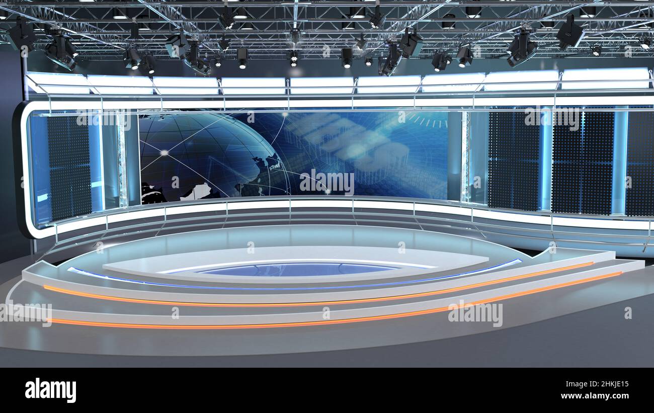 Virtual TV Studio-Set. Grüner Bildschirmhintergrund. 3D Rendering Stockfoto
