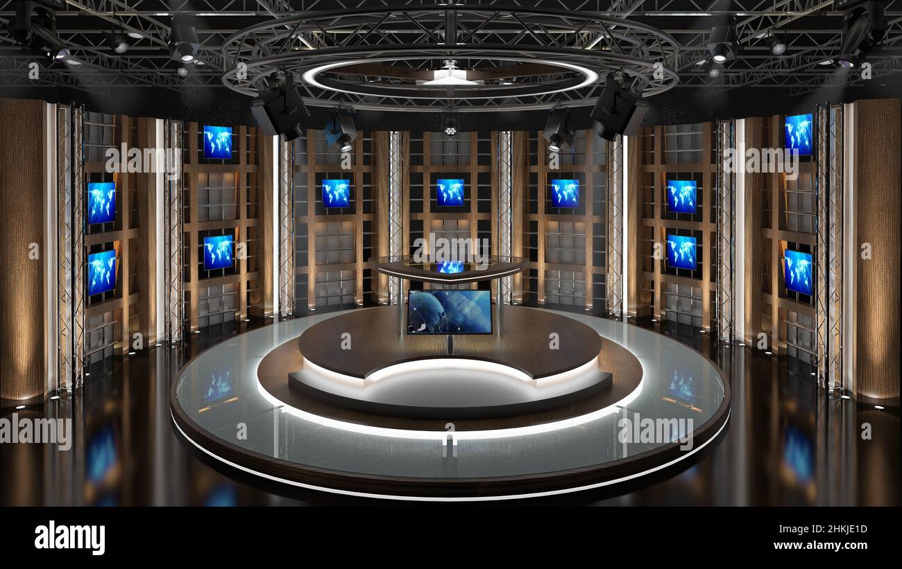 Virtual TV Studio-Set. Grüner Bildschirmhintergrund. 3D Rendering Stockfoto