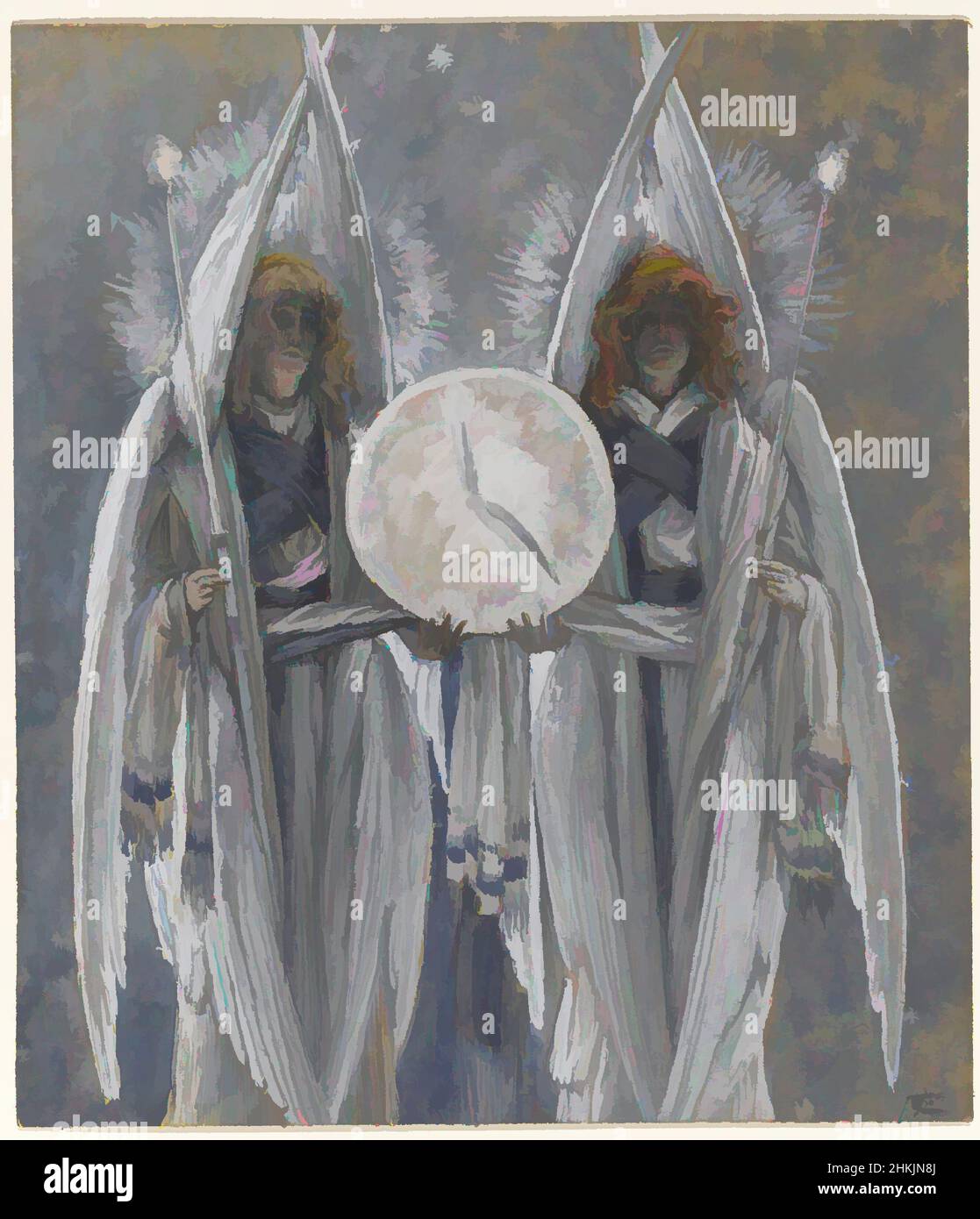 Anges Tenant un cadran indiquant les différentes heures des actes de la Passion, das Leben unseres Herrn Jesus Christus, La Vie de Notre-Seigneur Jésus-Christ, James Tissot, Französisch, 1836-1902, Klassische Werke, die von Artotop mit einem Hauch von Moderne modernisiert wurden. Formen, Farbe und Wert, auffällige visuelle Wirkung auf Kunst. Emotionen durch Freiheit von Kunstwerken auf zeitgemäße Weise. Eine zeitlose Botschaft, die eine wild kreative neue Richtung verfolgt. Künstler, die sich dem digitalen Medium zuwenden und die Artotop NFT erschaffen Stockfoto