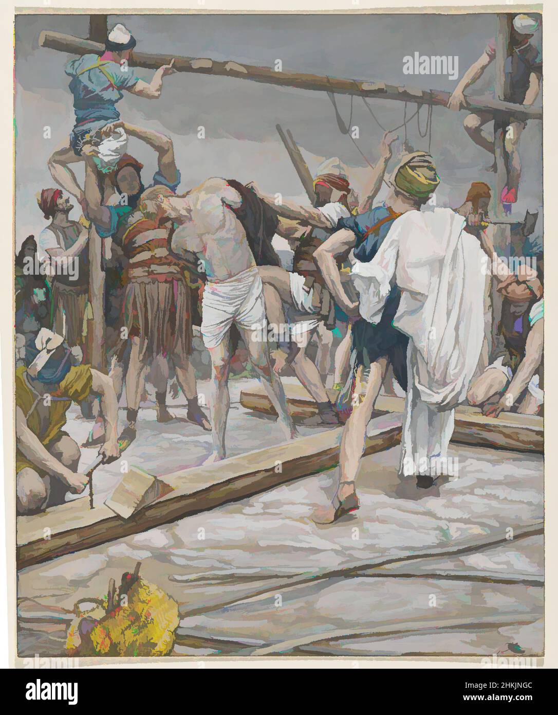 Kunst inspiriert von Jesus entkleidete Kleidung, Jésus dépouillé des ses vêtements, das Leben unseres Herrn Jesus Christus, La Vie de Notre-Seigneur Jésus-Christ, James Tissot, Französisch, 1836-1902, Deckfarbenes Aquarell über Graphit auf grauem Wove-Papier, Frankreich, 1886-1894, Bild: 9 1/4 x 7 9/16 Zoll, Classic Works modernisiert von Artotop mit einem Schuss Moderne. Formen, Farbe und Wert, auffällige visuelle Wirkung auf Kunst. Emotionen durch Freiheit von Kunstwerken auf zeitgemäße Weise. Eine zeitlose Botschaft, die eine wild kreative neue Richtung verfolgt. Künstler, die sich dem digitalen Medium zuwenden und die Artotop NFT erschaffen Stockfoto