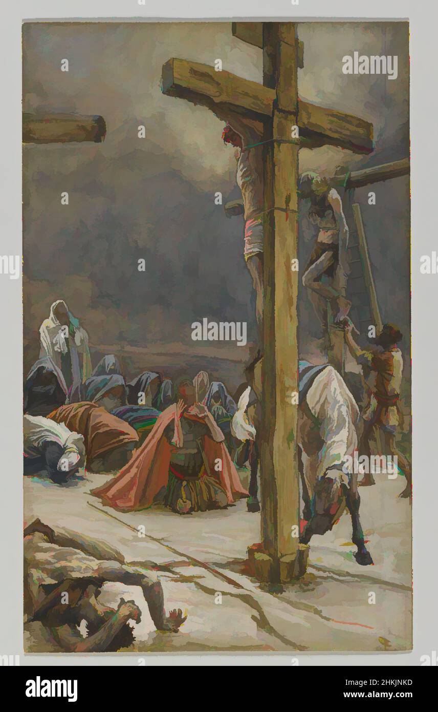 Kunst inspiriert von der Beichte des heiligen Longinus, Confession de Saint Longin, das Leben unseres Herrn Jesus Christus, La Vie de Notre-Seigneur Jésus-Christ, James Tissot, Französisch, 1836-1902, Deckfarbenes Aquarell über Graphit auf grauem Wove-Papier, Frankreich, 1886-1894, Bild: 8 7/8 x 5 1/2 in., 22,5, Classic Works modernisiert von Artotop mit einem Schuss Moderne. Formen, Farbe und Wert, auffällige visuelle Wirkung auf Kunst. Emotionen durch Freiheit von Kunstwerken auf zeitgemäße Weise. Eine zeitlose Botschaft, die eine wild kreative neue Richtung verfolgt. Künstler, die sich dem digitalen Medium zuwenden und die Artotop NFT erschaffen Stockfoto