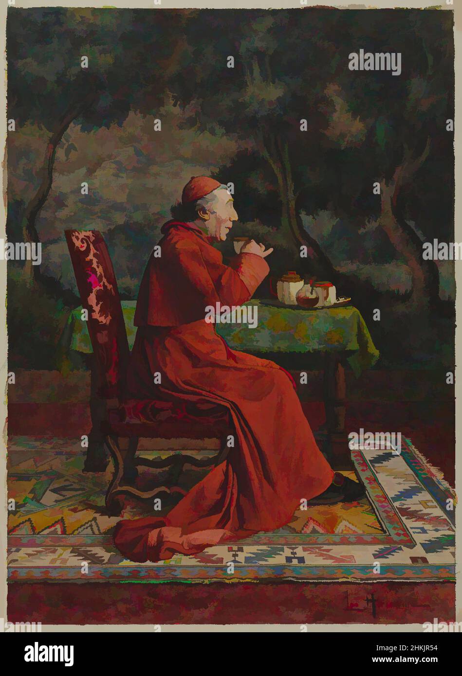 Kunst inspiriert von Kardinal Taking Tea, Léo Herrmann, Französisch, 1853-1927, Gouache, Aquarell und Graphit auf Wove-Papier, Frankreich, n.d., Bild: 10 13/16 x 7 7/8 Zoll, 27,5 x 20 cm, antikatholisch, Getränk, Brokat, Kardinal, Teppich, katholisch, Tasse, dekorativ, Essen und Trinken, Französisch, Gouache, Klassische Werke von Artotop mit einem Schuss Moderne modernisiert. Formen, Farbe und Wert, auffällige visuelle Wirkung auf Kunst. Emotionen durch Freiheit von Kunstwerken auf zeitgemäße Weise. Eine zeitlose Botschaft, die eine wild kreative neue Richtung verfolgt. Künstler, die sich dem digitalen Medium zuwenden und die Artotop NFT erschaffen Stockfoto