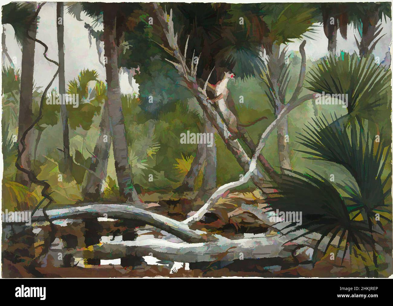 Kunst inspiriert von in the Jungle, Florida, Winslow Homer, Amerikaner, 1836-1910, Transparentes Aquarell mit einem Hauch von opaker Wasserfarbe über Graphit auf cremefarbenem, mäßig dickem, mäßig strukturiertem Wove-Papier, USA, 1904, 13 7/8 x 19 11/16 in., 35,2 x 50 cm, Katze, Wedel, Classic Works modernisiert von Artotop mit einem Schuss Modernität. Formen, Farbe und Wert, auffällige visuelle Wirkung auf Kunst. Emotionen durch Freiheit von Kunstwerken auf zeitgemäße Weise. Eine zeitlose Botschaft, die eine wild kreative neue Richtung verfolgt. Künstler, die sich dem digitalen Medium zuwenden und die Artotop NFT erschaffen Stockfoto