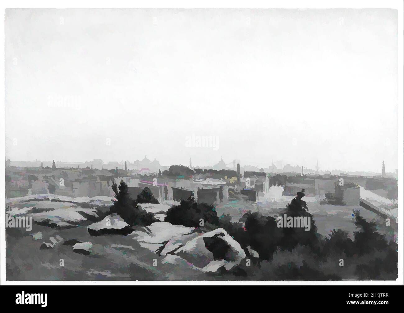 Kunst inspiriert vom Blick auf New York City von Montgomery Street Bluff, Jersey City, August will, Amerikaner, Geboren Deutschland, 1834-1910, Öl auf Papier, ca. 1875-1877, 11 x 15 13/16 Zoll, 27,9 x 40,1 cm, Architektur, Gebäude, ca. 1875-1877, Stadtbild, Landschaft, New Jersey, New york City, Klassische Werke, die von Artotop mit einem Hauch von Moderne modernisiert wurden. Formen, Farbe und Wert, auffällige visuelle Wirkung auf Kunst. Emotionen durch Freiheit von Kunstwerken auf zeitgemäße Weise. Eine zeitlose Botschaft, die eine wild kreative neue Richtung verfolgt. Künstler, die sich dem digitalen Medium zuwenden und die Artotop NFT erschaffen Stockfoto