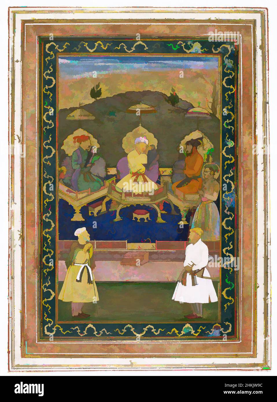 Kunst inspiriert von den Kaisern Akbar, Jahangir und Shah Jahan mit ihren Ministern und Prinz Dara Shikoh, Chitaraman, Indianer, opak Aquarell und Gold auf Papier, Indien, ca. 1630-1640, Mughal-Dynastie, 22 x 32 Zoll, 55,9 x 81,3 cm, bekar, Gericht, dara, Falke, Jäger, indische Kunst, Malerei, Klassisches Werk, das von Artotop mit einem Schuss Moderne modernisiert wurde. Formen, Farbe und Wert, auffällige visuelle Wirkung auf Kunst. Emotionen durch Freiheit von Kunstwerken auf zeitgemäße Weise. Eine zeitlose Botschaft, die eine wild kreative neue Richtung verfolgt. Künstler, die sich dem digitalen Medium zuwenden und die Artotop NFT erschaffen Stockfoto