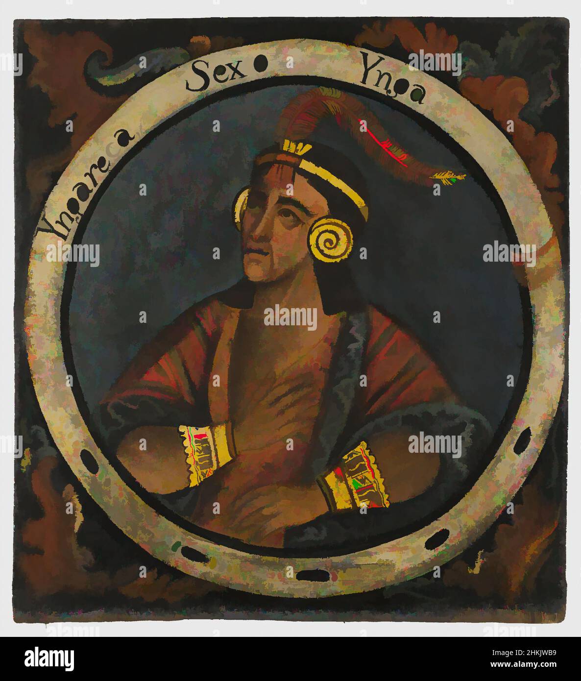 Kunst inspiriert von Inka Roca, Sechster Inka, 1 von 14 Porträts der Inka-Könige, Peruanisch, Öl auf Leinwand, Peru, Mitte 18th Jahrhundert, Wahrscheinlich, Kolonialzeit, 23 3/8 x 21 1/2in., 59,4 x 54,6cm, 18th Jahrhundert, Armbänder, Eroberung, Ohrringe, Ohrspulen, Kopfschmuck, hispanische Herkunft, historisch, Inca, Classic Works modernisiert von Artotop mit einem Schuss Moderne. Formen, Farbe und Wert, auffällige visuelle Wirkung auf Kunst. Emotionen durch Freiheit von Kunstwerken auf zeitgemäße Weise. Eine zeitlose Botschaft, die eine wild kreative neue Richtung verfolgt. Künstler, die sich dem digitalen Medium zuwenden und die Artotop NFT erschaffen Stockfoto