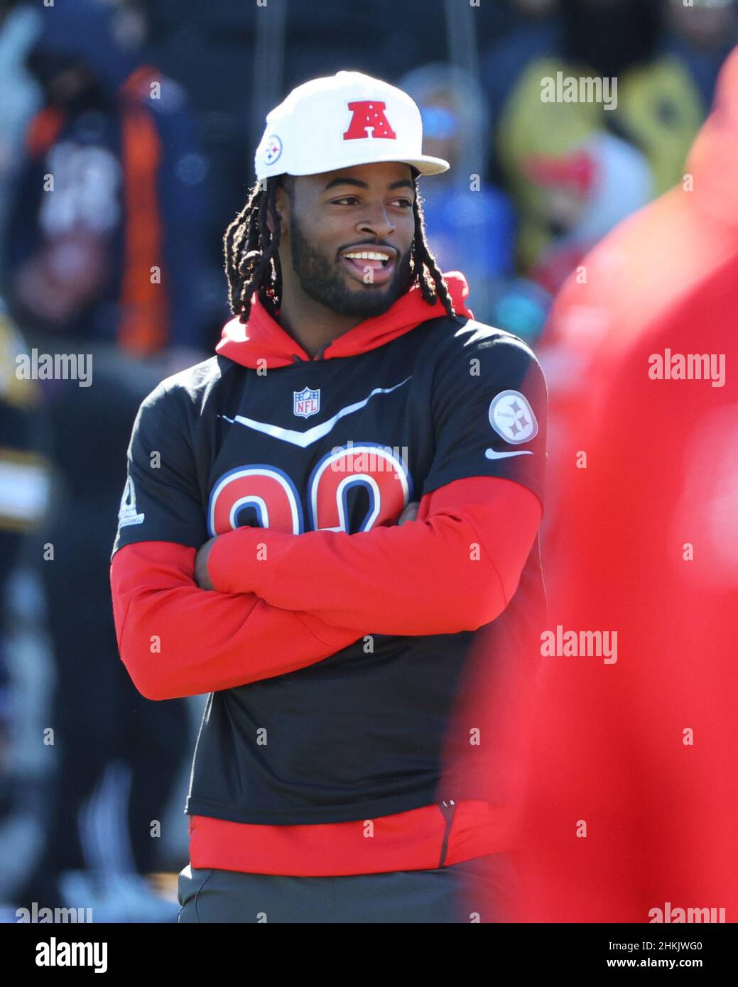 Las Vegas, Nevada, USA. 4th. Februar 2022. Pittsburgh Steelers laufen Najee Harris (22) während des AFC Pro Bowl Trainings im Las Vegas Ballpark in Las Vegas, Nevada, zurück. Darren Lee/CSM/Alamy Live News Stockfoto