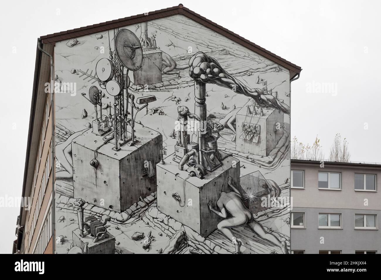 Street Art mit dem Titel The Blindness, sozialkritische Gestaltung einer Hausfassade, Deutschland, Hessen, Cassel Stockfoto