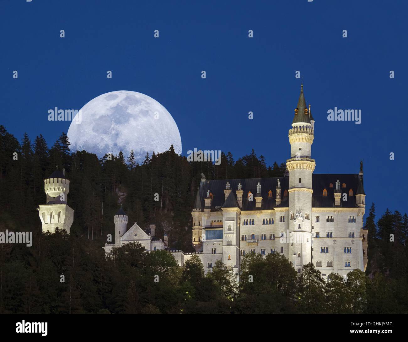 Schloss Neuschwanstein unter Vollmond, Komponieren, Deutschland, Bayern, Allgäu Stockfoto