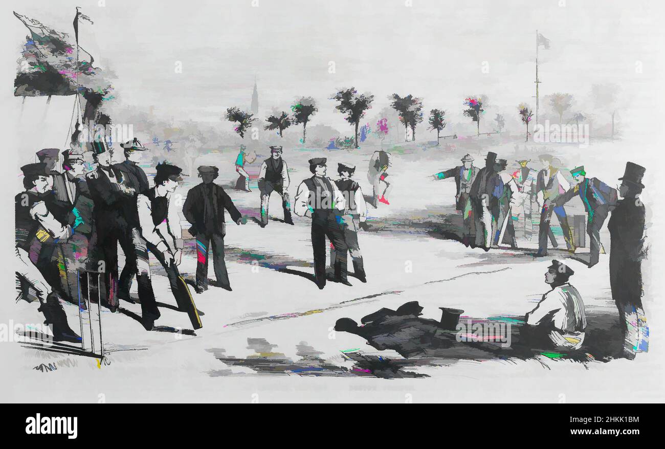 Kunst inspiriert von Cricket-Spielern auf dem Boston Common, Winslow Homer, Amerikaner, 1836-1910, Holzstich, 1859, Bild: 9 1/2 x 6 Zoll, 24,1 x 15,2 cm, Klassisches Werk, modernisiert von Artotop mit einem Schuss Moderne. Formen, Farbe und Wert, auffällige visuelle Wirkung auf Kunst. Emotionen durch Freiheit von Kunstwerken auf zeitgemäße Weise. Eine zeitlose Botschaft, die eine wild kreative neue Richtung verfolgt. Künstler, die sich dem digitalen Medium zuwenden und die Artotop NFT erschaffen Stockfoto