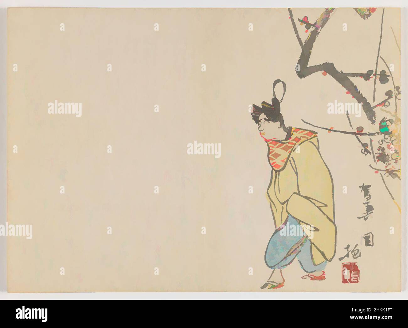 Kunst inspiriert von Male Courtier Beneath Plum Tree, Hakuhô Yamamoto, Woodblock Print; horizontal Chûban yoko-e Format, Japan, 1850s-1860s, Edo-Periode, 7 1/16 x 9 13/16 Zoll, 17,9 x 24,9 cm, Klassisches Werk, modernisiert von Artotop mit einem Schuss Moderne. Formen, Farbe und Wert, auffällige visuelle Wirkung auf Kunst. Emotionen durch Freiheit von Kunstwerken auf zeitgemäße Weise. Eine zeitlose Botschaft, die eine wild kreative neue Richtung verfolgt. Künstler, die sich dem digitalen Medium zuwenden und die Artotop NFT erschaffen Stockfoto
