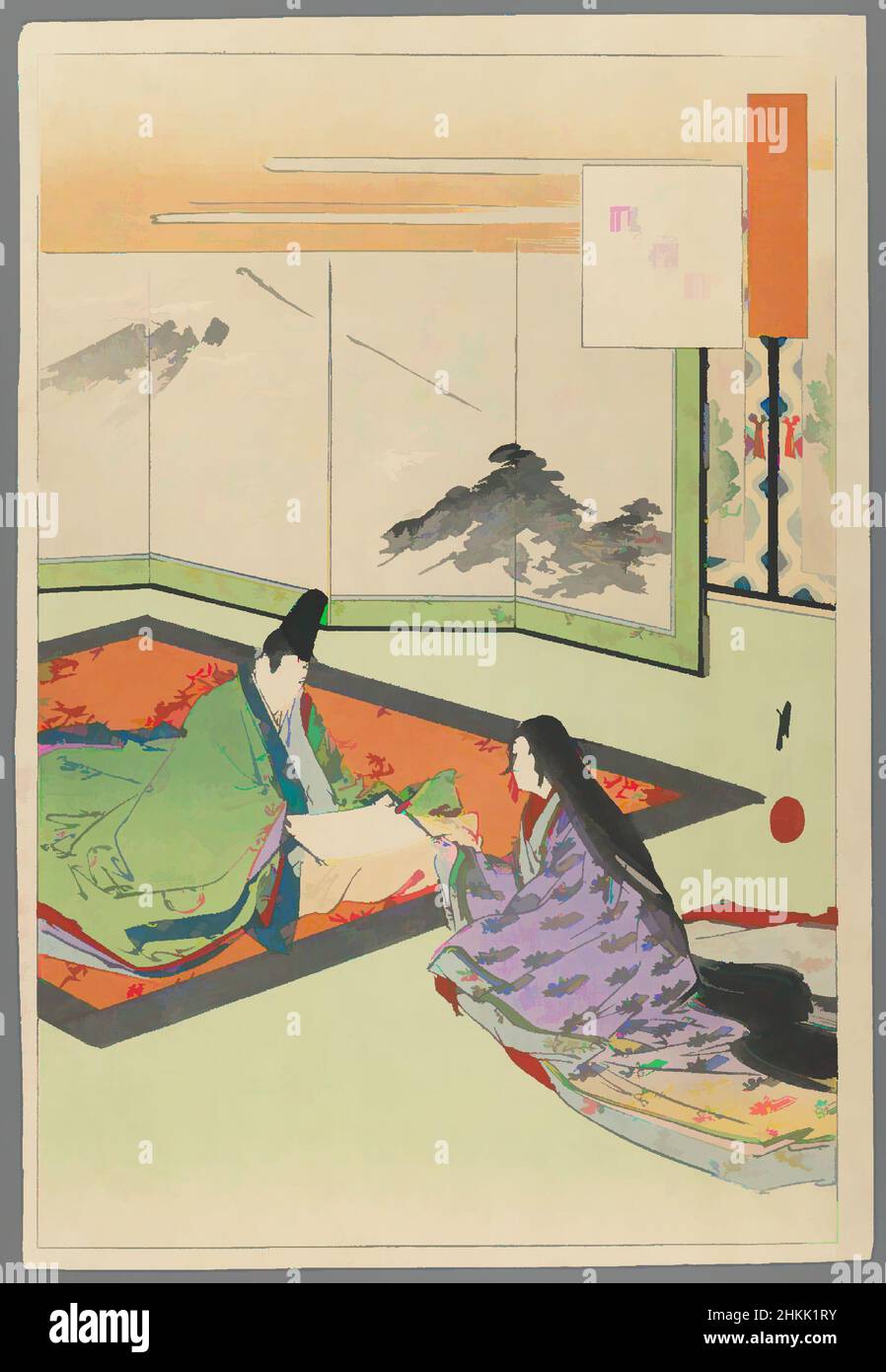 Kunst inspiriert von Kapitel 36: Yokobue, aus der Serie Fifty-Four Chapters of Genji, aus der Serie Tales of the Genji, Ogata Gekko, japanisch, 1859-1920, Farbholzschnitt auf Papier, Japan, 1894, Meiji-Periode, 13 1/2 x 9 1/4 Zoll, 34,3 x 23,5 cm, Klassische Werke, die von Artotop mit einem Schuss Moderne modernisiert wurden. Formen, Farbe und Wert, auffällige visuelle Wirkung auf Kunst. Emotionen durch Freiheit von Kunstwerken auf zeitgemäße Weise. Eine zeitlose Botschaft, die eine wild kreative neue Richtung verfolgt. Künstler, die sich dem digitalen Medium zuwenden und die Artotop NFT erschaffen Stockfoto