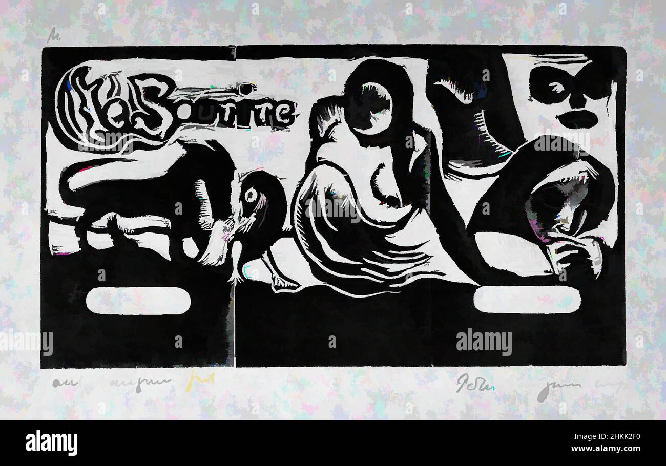 Art inspired by Head Piece for 'Le Sourire', Titer pour 'Le Sourire', Paul Gauguin, French, 1848-1903, Holzschnitt auf Chinapapier, geschnitzt 1899; gedruckt 1921, Blatt: 10 7/16 x 16 1/4 Zoll, 26,5 x 41,3 cm, Klassische Werke, modernisiert von Artotop mit einem Schuss Moderne. Formen, Farbe und Wert, auffällige visuelle Wirkung auf Kunst. Emotionen durch Freiheit von Kunstwerken auf zeitgemäße Weise. Eine zeitlose Botschaft, die eine wild kreative neue Richtung verfolgt. Künstler, die sich dem digitalen Medium zuwenden und die Artotop NFT erschaffen Stockfoto