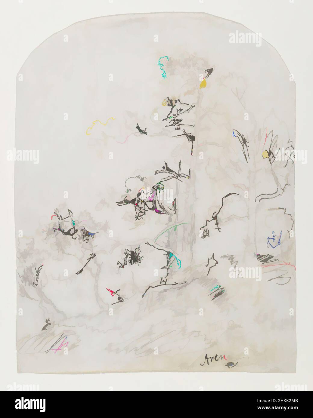 Kunst inspiriert von Pitch Pine, Point Arena, Kalifornien, Ralph Albert Blakelock, Amerikaner, 1847-1919, Tinte und Graphit auf mäßig dickem, mäßig strukturiertem, cremefarbenem Wove-Papier, ca. 1869-1871, Blatt, oben abgerundet: 10 15/16 x 8 1/2 Zoll, 27,8 x 21,6 cm, amerikanisch, Zeichnung, fein, Klassische Werke, modernisiert von Artotop mit einem Schuss Moderne. Formen, Farbe und Wert, auffällige visuelle Wirkung auf Kunst. Emotionen durch Freiheit von Kunstwerken auf zeitgemäße Weise. Eine zeitlose Botschaft, die eine wild kreative neue Richtung verfolgt. Künstler, die sich dem digitalen Medium zuwenden und die Artotop NFT erschaffen Stockfoto