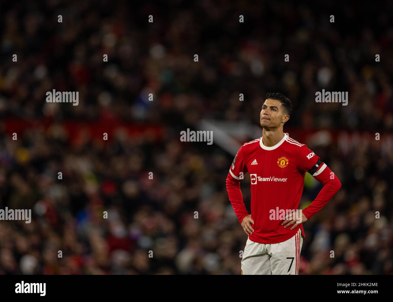 Manchester, Großbritannien. 5th. Februar 2022. Cristiano Ronaldo von Manchester United sieht beim vierten Spiel des englischen FA Cups zwischen Manchester United und Middlesbrough in Manchester, Großbritannien, am 4. Februar 2022 niedergeschlagen aus. Quelle: Xinhua/Alamy Live News Stockfoto
