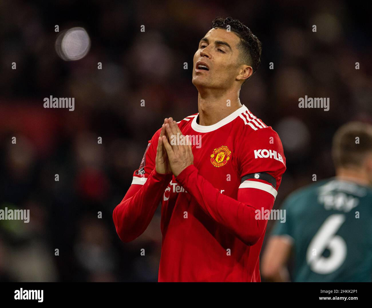 Manchester, Großbritannien. 5th. Februar 2022. Cristiano Ronaldo von Manchester United sieht beim vierten Spiel des englischen FA Cups zwischen Manchester United und Middlesbrough in Manchester, Großbritannien, am 4. Februar 2022 niedergeschlagen aus. Quelle: Xinhua/Alamy Live News Stockfoto