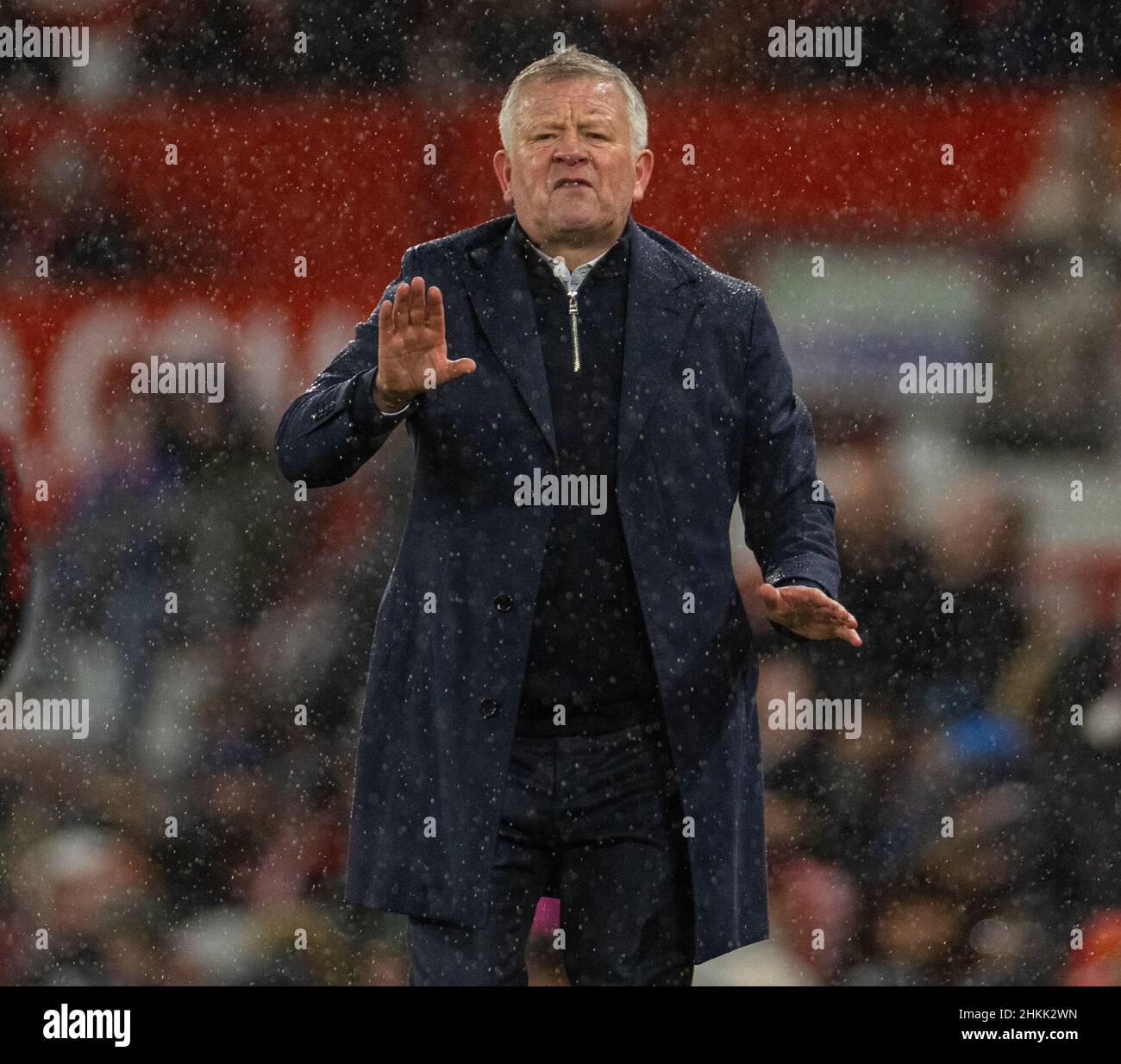 Manchester, Großbritannien. 5th. Februar 2022. Chris Wilder, der Manager von Middlesbrough, reagiert während des vierten Spiels des englischen FA Cups zwischen Manchester United und Middlesbrough in Manchester, Großbritannien, am 4. Februar 2022. Quelle: Xinhua/Alamy Live News Stockfoto
