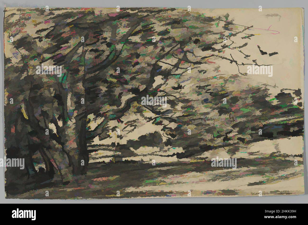 Kunst inspiriert von Studie der Bäume, Joseph Frank Currier, Amerikaner, 1843-1909, Kohle auf Papier, Ca. 1880, Blatt: 4 3/8 x 6 15/16 Zoll, 11,1 x 17,6 cm, 19th Jahrhundert, amerikanisch, Kohle, Zeichnung, Feine Linien, Druck, Baum, Klassisches Werk, das von Artotop mit einem Schuss Moderne modernisiert wurde. Formen, Farbe und Wert, auffällige visuelle Wirkung auf Kunst. Emotionen durch Freiheit von Kunstwerken auf zeitgemäße Weise. Eine zeitlose Botschaft, die eine wild kreative neue Richtung verfolgt. Künstler, die sich dem digitalen Medium zuwenden und die Artotop NFT erschaffen Stockfoto