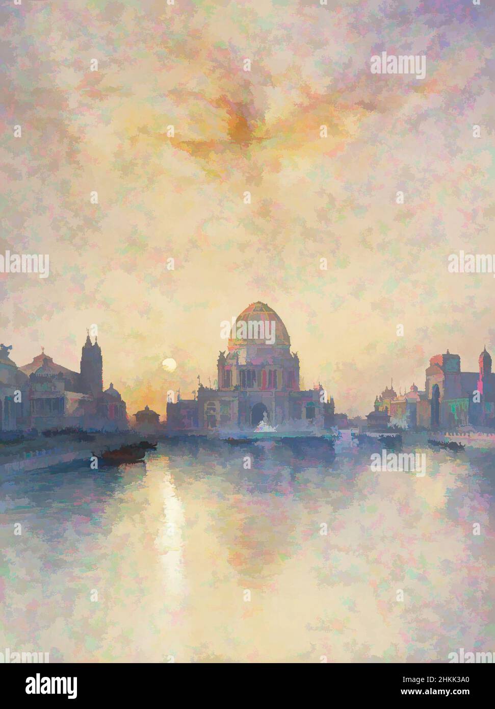 Kunst inspiriert von der Chicago World's Fair, Thomas Moran, amerikanisch, 1837-1926, transparentes Aquarell mit opaken weißen Akzenten und Graphit auf cremefarbenem, mäßig dickem, mäßig strukturiertem Gewebspapier, 1894, 29 x 21 9/16 Zoll, 73,7 x 54,8 cm, amerikanisches Aquarell, Gebäude, leuchtend, Klassische Werke, die von Artotop mit einem Schuss Moderne modernisiert wurden. Formen, Farbe und Wert, auffällige visuelle Wirkung auf Kunst. Emotionen durch Freiheit von Kunstwerken auf zeitgemäße Weise. Eine zeitlose Botschaft, die eine wild kreative neue Richtung verfolgt. Künstler, die sich dem digitalen Medium zuwenden und die Artotop NFT erschaffen Stockfoto