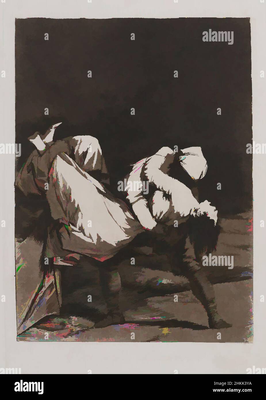 Kunst inspiriert von they Carry her Off!, Que se la llevaron!, Los Caprichos, Platte 8, Francisco de Goya y Lucientes, Spanisch, 1746-1828, Radierung und Aquatinta auf gedecktem Papier, Spanien, 1797-1798, Platte: 8 9/16 x 6 Zoll, 21,7 x 15,2 cm, Aquatinta, Tragen, Gravieren, Radieren, Mann, der Frau hält, Klassisches Werk, das von Artotop mit einem Schuss Moderne modernisiert wurde. Formen, Farbe und Wert, auffällige visuelle Wirkung auf Kunst. Emotionen durch Freiheit von Kunstwerken auf zeitgemäße Weise. Eine zeitlose Botschaft, die eine wild kreative neue Richtung verfolgt. Künstler, die sich dem digitalen Medium zuwenden und die Artotop NFT erschaffen Stockfoto