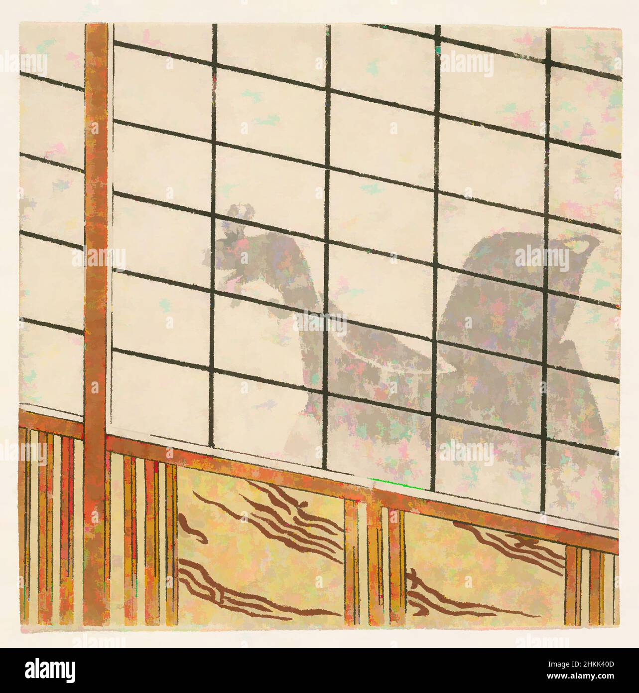 Kunst inspiriert von E-Goyomi, Schatten des Menschen auf Shoji, Farbholzschnitt auf Papier, Japan, 1782-1785, Edo-Zeit, Tenmei III-Ära, 4 11/16 x 4 3/4 Zoll, 11,9 x 12 cm, Classic Works modernisiert von Artotop mit einem Schuss Moderne. Formen, Farbe und Wert, auffällige visuelle Wirkung auf Kunst. Emotionen durch Freiheit von Kunstwerken auf zeitgemäße Weise. Eine zeitlose Botschaft, die eine wild kreative neue Richtung verfolgt. Künstler, die sich dem digitalen Medium zuwenden und die Artotop NFT erschaffen Stockfoto