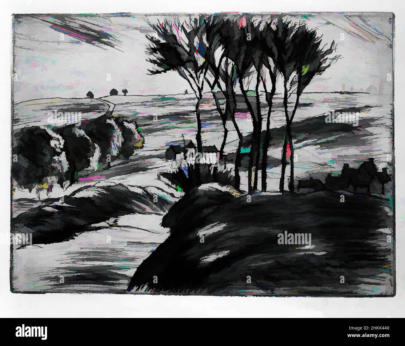 Landschaftskunst in Osny, Paysage à Osny, Camille Jacob Pissarro, Französisch, 1830-1903, Radierung auf Büttenpapier, Frankreich, 1887, 4 9/16 x 6 3/16 Zoll, 11,6 x 15,7 cm, Klassisches Werk, modernisiert von Artotop mit einem Schuss Moderne. Formen, Farbe und Wert, auffällige visuelle Wirkung auf Kunst. Emotionen durch Freiheit von Kunstwerken auf zeitgemäße Weise. Eine zeitlose Botschaft, die eine wild kreative neue Richtung verfolgt. Künstler, die sich dem digitalen Medium zuwenden und die Artotop NFT erschaffen Stockfoto