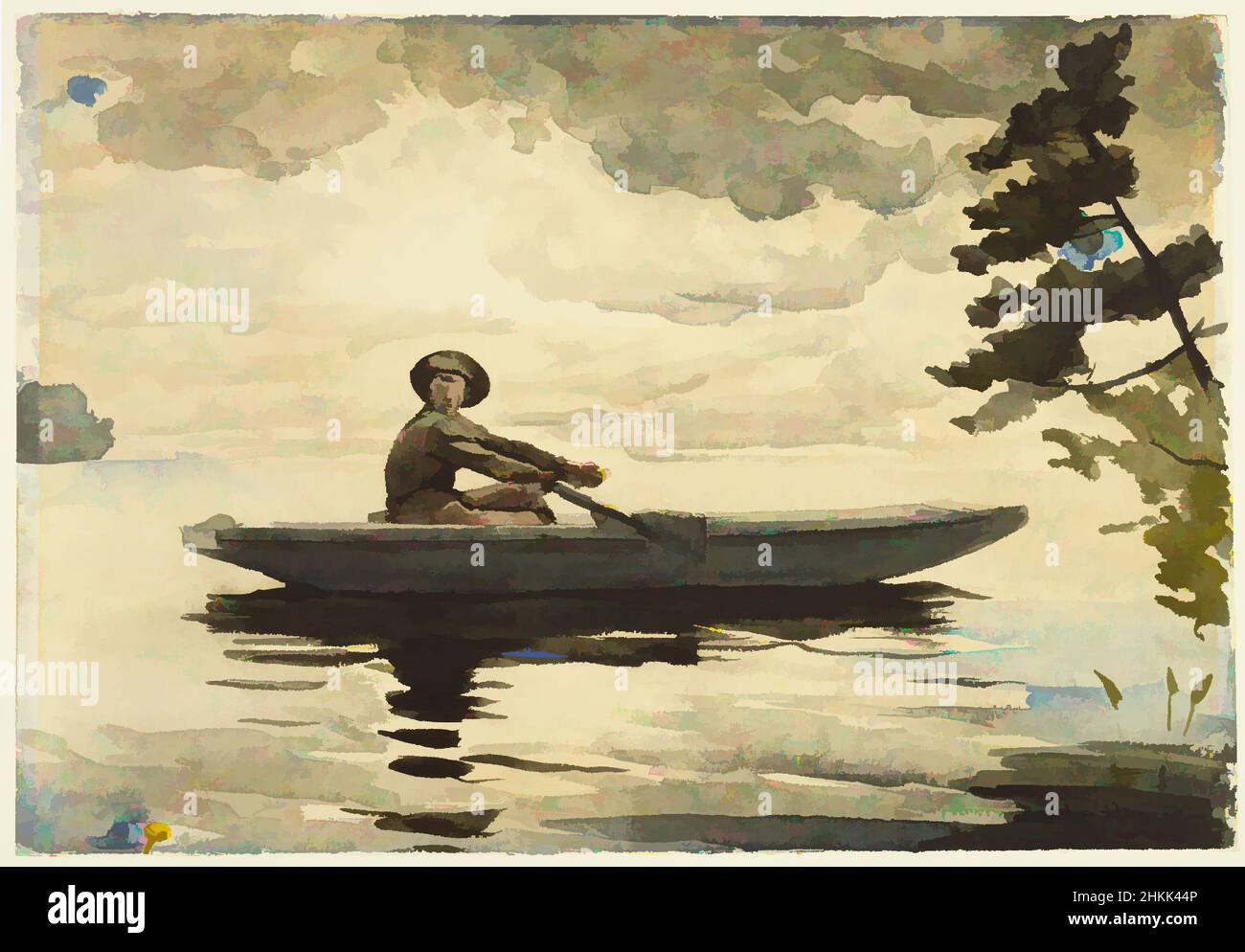 Art inspired by the Boatman, Winslow Homer, American, 1836-1910, Aquarell mit Graphitstift-Unterzeichnung auf dickem, strukturiertem Wove-Papier, 1891, 13 15/16 x 20 Zoll, 35,4 x 50,8 cm, 19th Jahrhundert, amerikanische Kunst, Boot, Bootsmann, see, ndd8, im Freien, Malerei, Kiefer, placid, Rudern, Solitary, Classic Works modernisiert von Artotop mit einem Schuss Moderne. Formen, Farbe und Wert, auffällige visuelle Wirkung auf Kunst. Emotionen durch Freiheit von Kunstwerken auf zeitgemäße Weise. Eine zeitlose Botschaft, die eine wild kreative neue Richtung verfolgt. Künstler, die sich dem digitalen Medium zuwenden und die Artotop NFT erschaffen Stockfoto