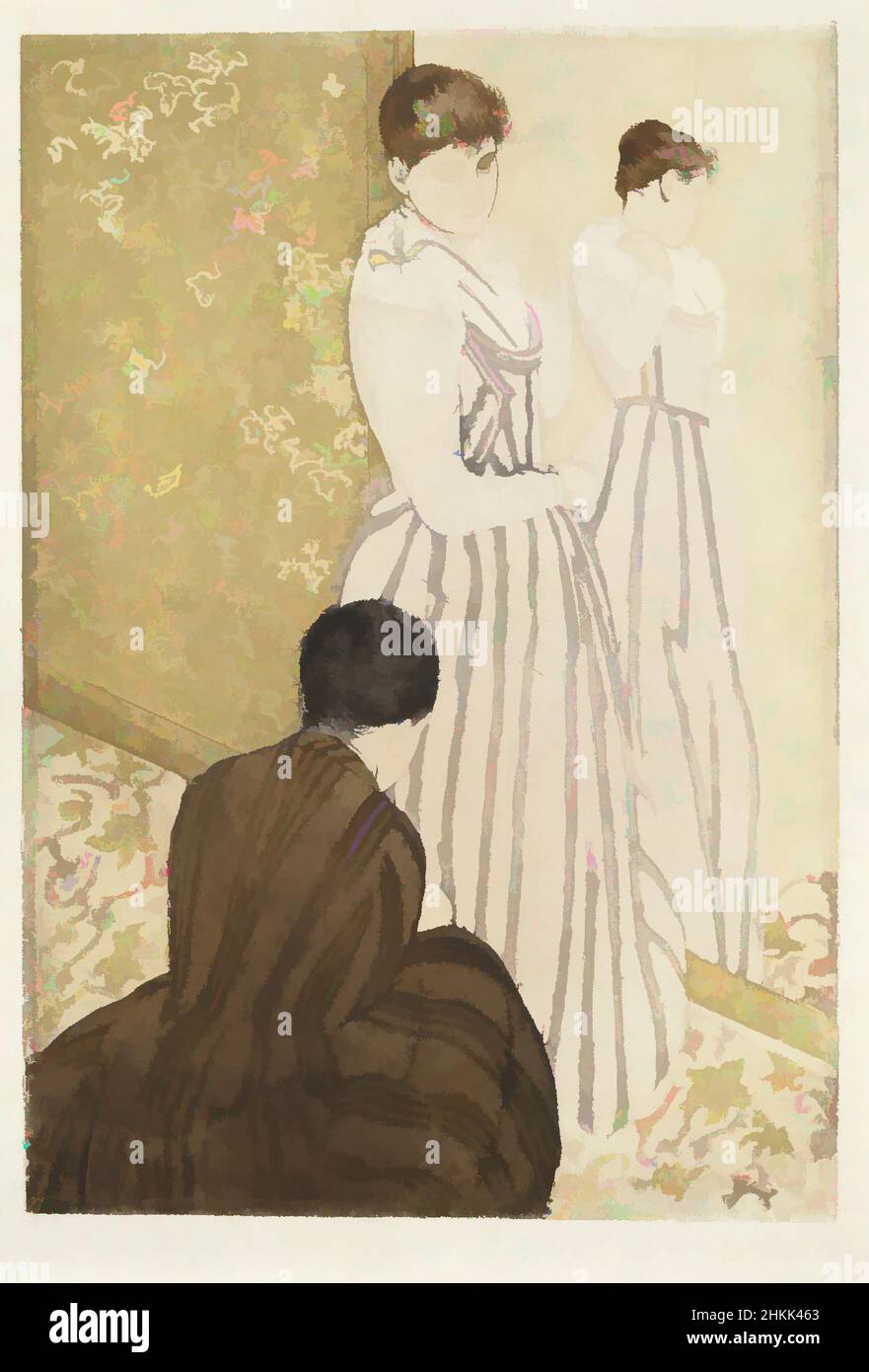 Art Inspired by the Fitting, Mary Cassatt, American, 1844-1926, Drypoint und Aquatinta-Radierung auf cremefarbenem, mäßig dickem, mäßig strukturiertem Büttenpapier, 1890-1891, Blatt: 17 1/4 x 12 Zoll, 43,8 x 30,5 cm, braun, cassatt, Crouch, Kleid, Drypoint, weiblich, Künstlerin, Figuren, Klassisches Werk, das von Artotop mit einem Schuss Moderne modernisiert wurde. Formen, Farbe und Wert, auffällige visuelle Wirkung auf Kunst. Emotionen durch Freiheit von Kunstwerken auf zeitgemäße Weise. Eine zeitlose Botschaft, die eine wild kreative neue Richtung verfolgt. Künstler, die sich dem digitalen Medium zuwenden und die Artotop NFT erschaffen Stockfoto