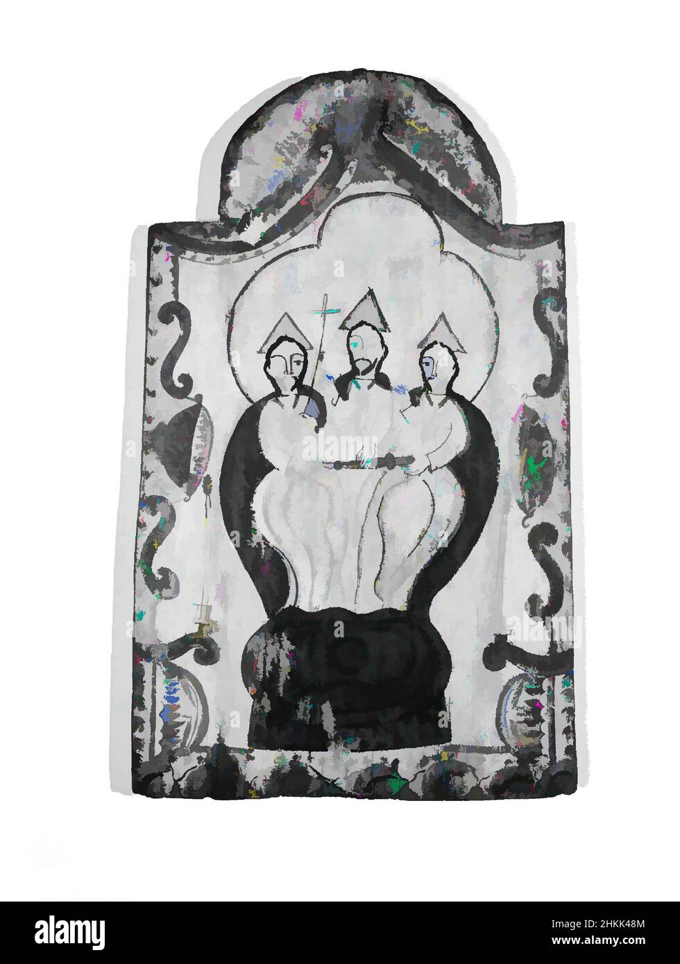 Kunst inspiriert von der Heiligen Dreifaltigkeit, Pedro Antonio Frésquis/Truchas Meister, ca. 1749-1831, Pine, Gesso, Farben auf Wasserbasis, New Mexico, USA, Ende 18th-Anfang 19th Jahrhundert, 23 3/8 x 14 1/8 Zoll, Christentum, hypostatische Vereinigung, Geheimnis, Malerei, Religion, Spanish Colonial, The Holy, Classic Works modernisiert von Artotop mit einem Schuss Moderne. Formen, Farbe und Wert, auffällige visuelle Wirkung auf Kunst. Emotionen durch Freiheit von Kunstwerken auf zeitgemäße Weise. Eine zeitlose Botschaft, die eine wild kreative neue Richtung verfolgt. Künstler, die sich dem digitalen Medium zuwenden und die Artotop NFT erschaffen Stockfoto