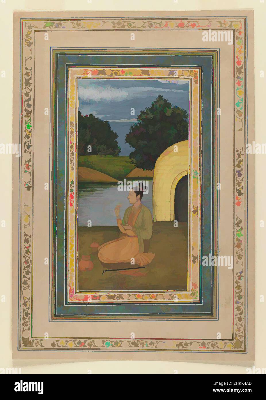 Kunst inspiriert von Yogini in a Landscape, indisch, opakes Aquarell auf Papier, Lucknow, Oudh, Indien, ca. 1760, Mughal, Blatt: 11 3/8 x 7 7/8 in., 28,9 x 20,0 cm, Blüte, hindu, Indisches Gemälde, Knien, Landschaft, Lucknow, Mughal, Nastaliq Skript, Oudh, Papier, Poesie, Aquarell, Yogini, Klassische Werke, die von Artotop mit einem Schuss Moderne modernisiert wurden. Formen, Farbe und Wert, auffällige visuelle Wirkung auf Kunst. Emotionen durch Freiheit von Kunstwerken auf zeitgemäße Weise. Eine zeitlose Botschaft, die eine wild kreative neue Richtung verfolgt. Künstler, die sich dem digitalen Medium zuwenden und die Artotop NFT erschaffen Stockfoto