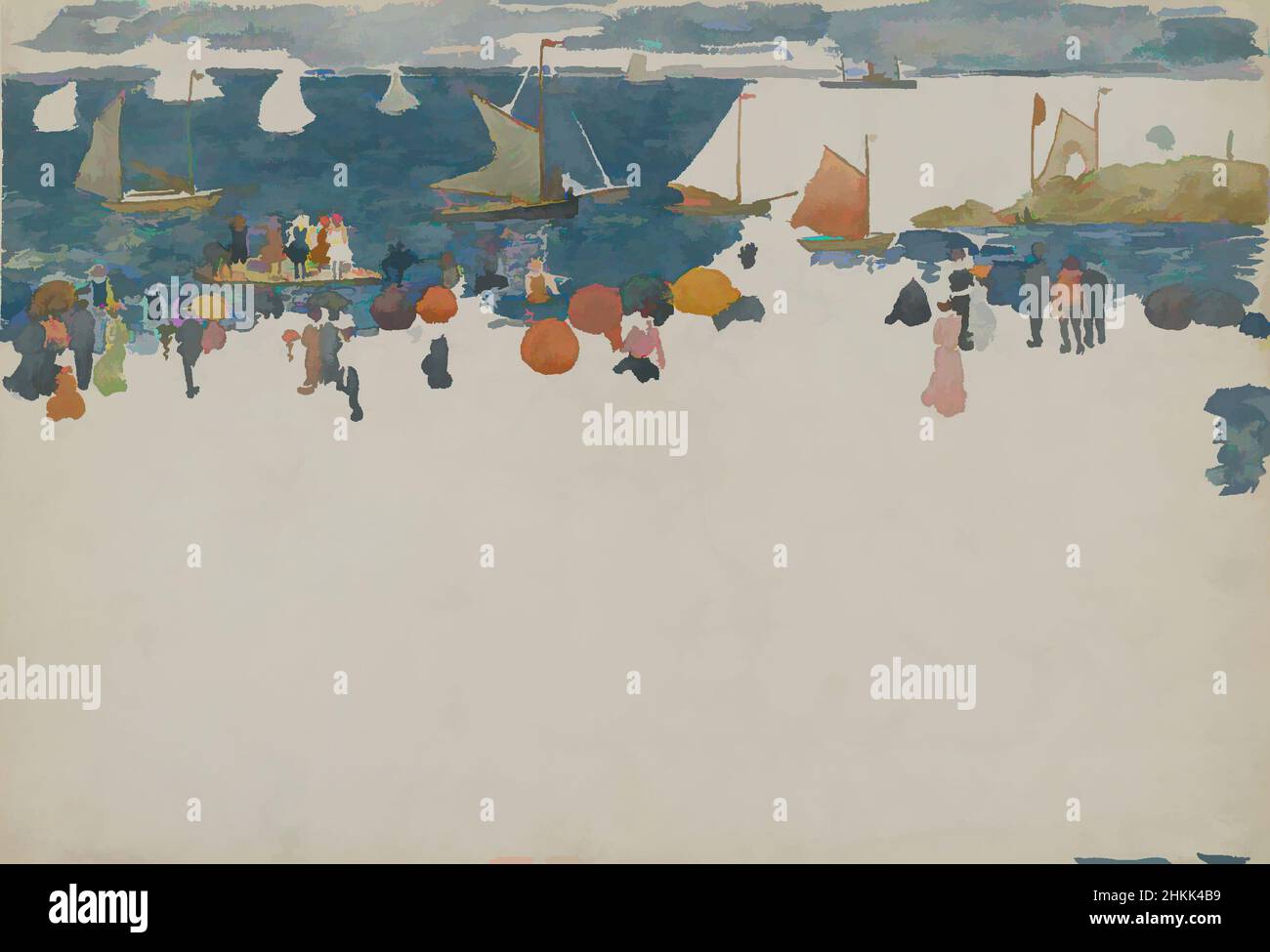 Kunst inspiriert von der Strandszene mit Boats, Maurice Brazil Prendergast, Amerikaner, 1858-1924, Aquarell und Graphit auf Wove-Papier, Nordamerika, ca. 1896-1897, Bettlaken: 14 1/4 x 20 3/4 Zoll, 36,2 x 52,7 cm, Strand, Strandszene, Boote, unvollständig, Menschen, Segelboote, Segel, Sand, Meer, Schwimmen, Classic Works modernisiert von Artotop mit einem Schuss Moderne. Formen, Farbe und Wert, auffällige visuelle Wirkung auf Kunst. Emotionen durch Freiheit von Kunstwerken auf zeitgemäße Weise. Eine zeitlose Botschaft, die eine wild kreative neue Richtung verfolgt. Künstler, die sich dem digitalen Medium zuwenden und die Artotop NFT erschaffen Stockfoto